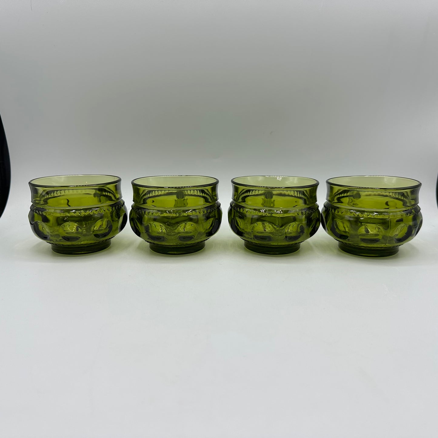 Indiana Glass Kings Crown Thumbprint Avocado Green Snack Plate & Cup, Set of 4