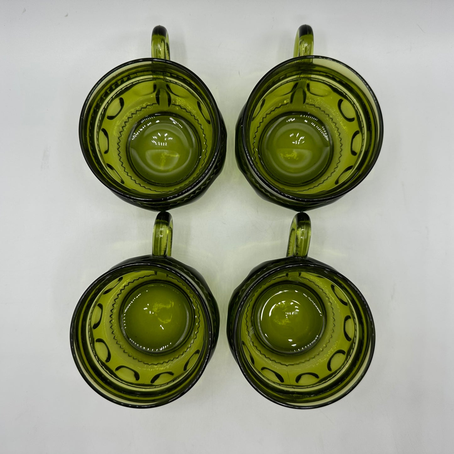 Indiana Glass Kings Crown Thumbprint Avocado Green Snack Plate & Cup, Set of 4
