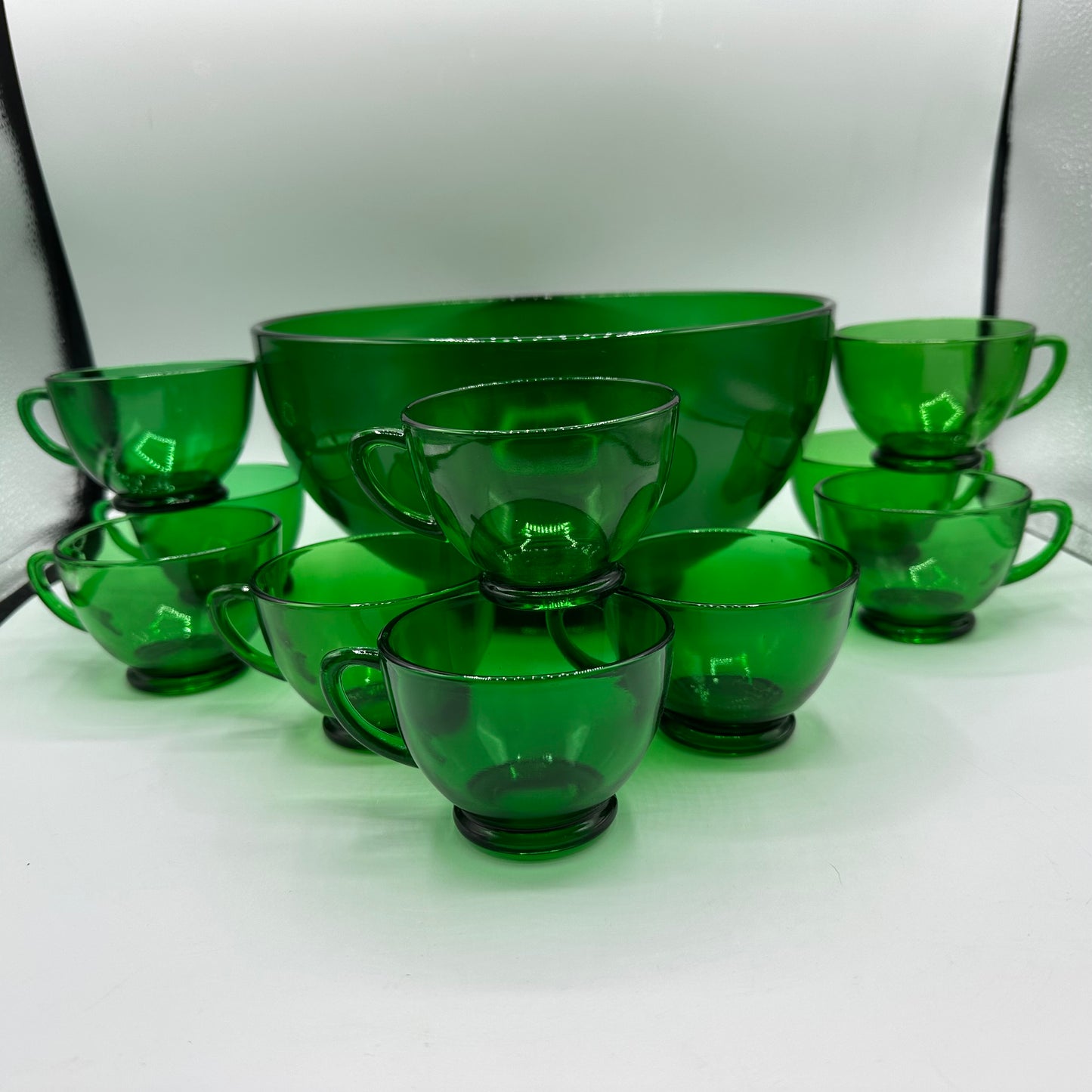 Anchor Hocking Green Punch Bowl and 10 punch cups