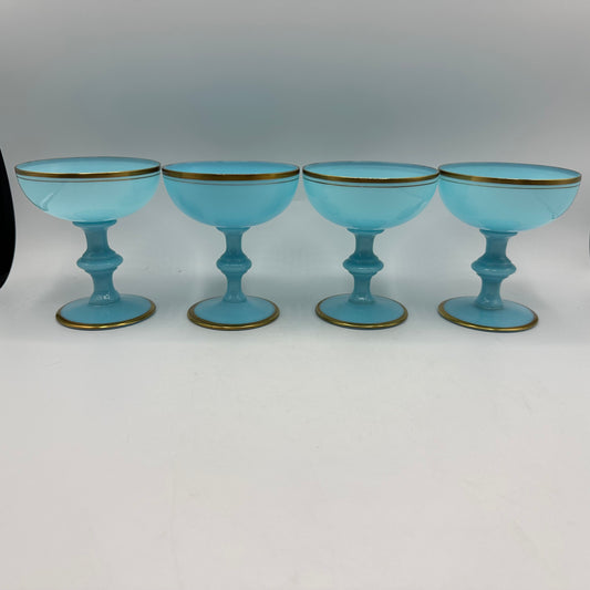 Portieux Vallerysthal France Blue Opaline Champagne Glasses Gold Trim, Set of 4