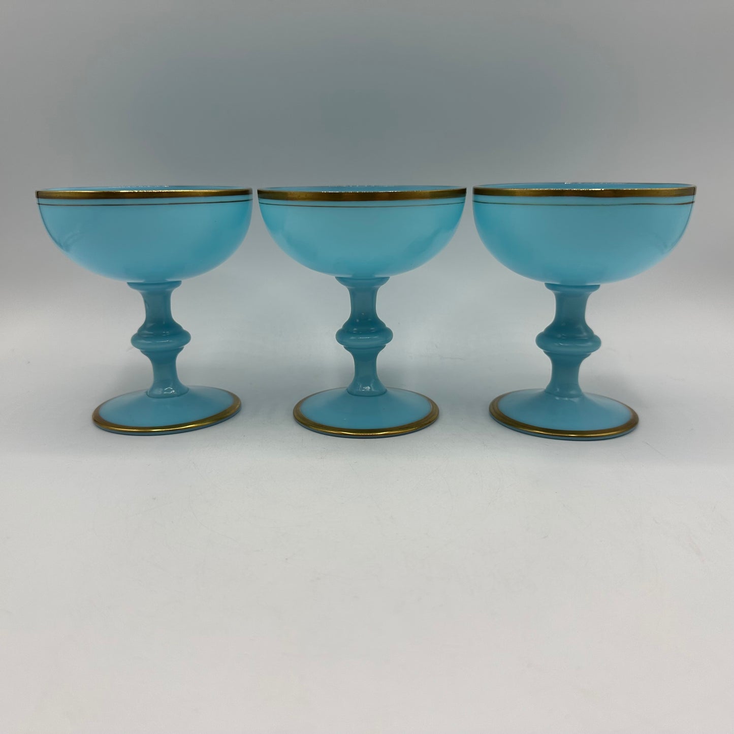 Portieux Vallerysthal France Blue Opaline Champagne Glasses Gold Trim, Set of 3