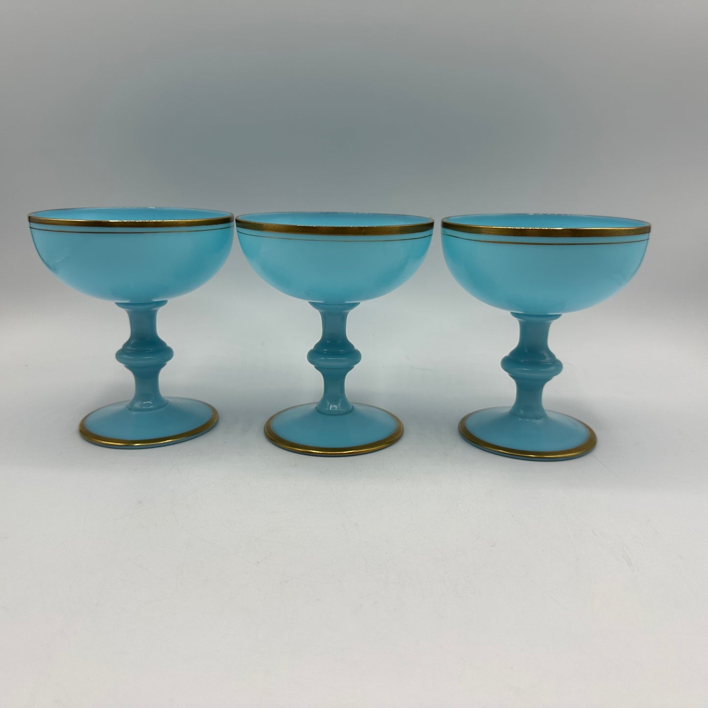 Portieux Vallerysthal France Blue Opaline Champagne Glasses Gold Trim, Set of 3