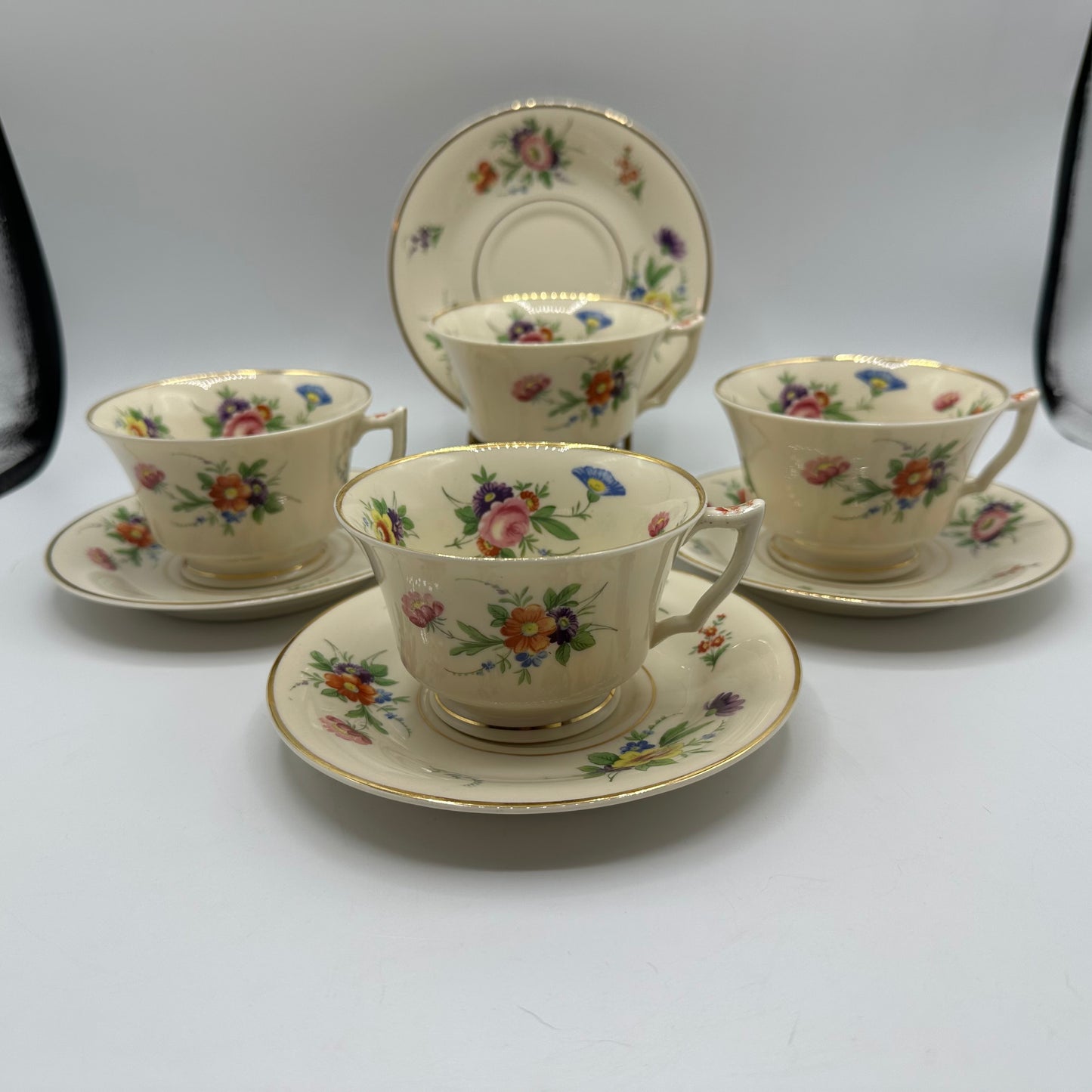 Syracuse China Selma Old Ivory Footed Cups & Saucers, Set of 4