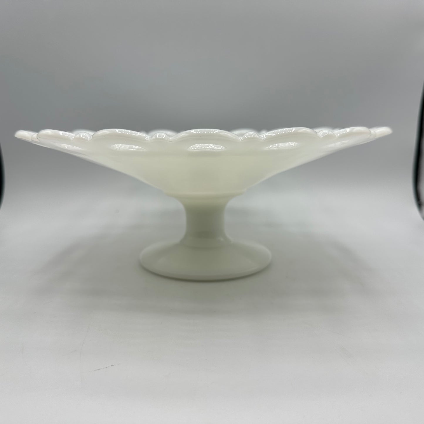 Anchor Hocking Open Lace Edge Milk Glass Pedestal Compote