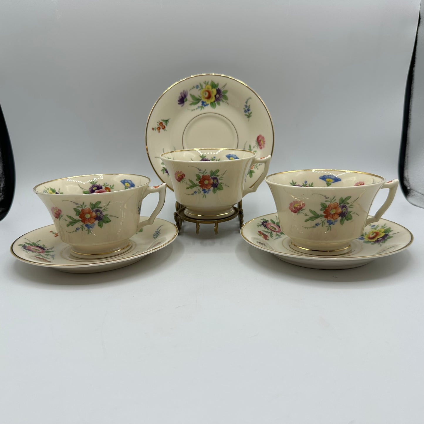 Syracuse China Selma Old Ivory Footed Cups & Saucers, Set of 3