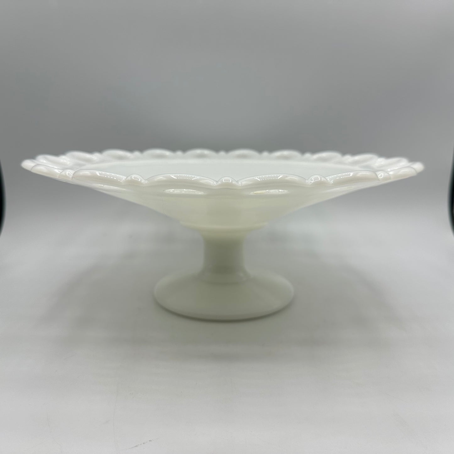 Anchor Hocking Open Lace Edge Milk Glass Pedestal Compote