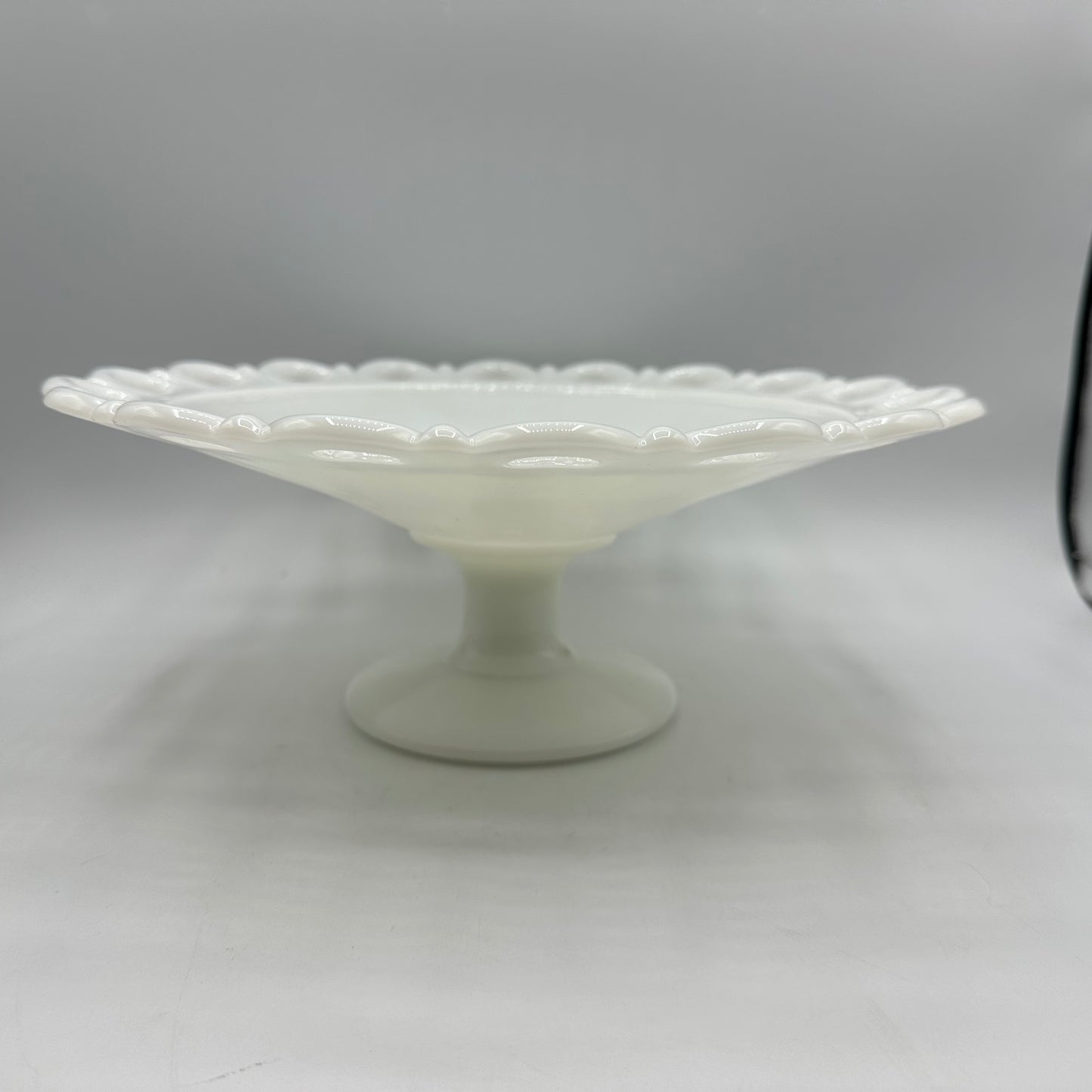 Anchor Hocking Open Lace Edge Milk Glass Pedestal Compote