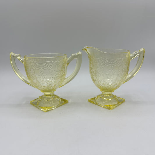 Indiana Glass Yellow Open Sugar Bowl and Footed Creamer, Horseshoe Pattern