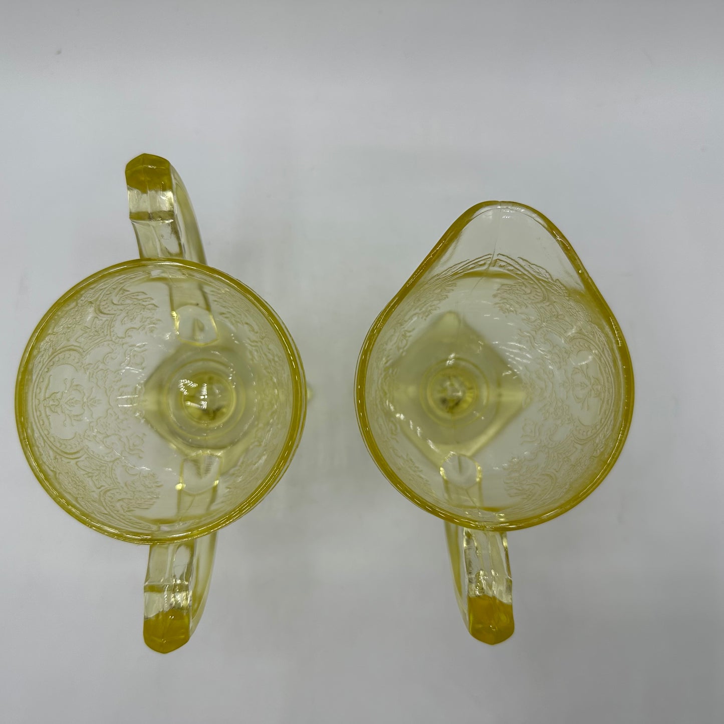 Indiana Glass Yellow Open Sugar Bowl and Footed Creamer, Horseshoe Pattern