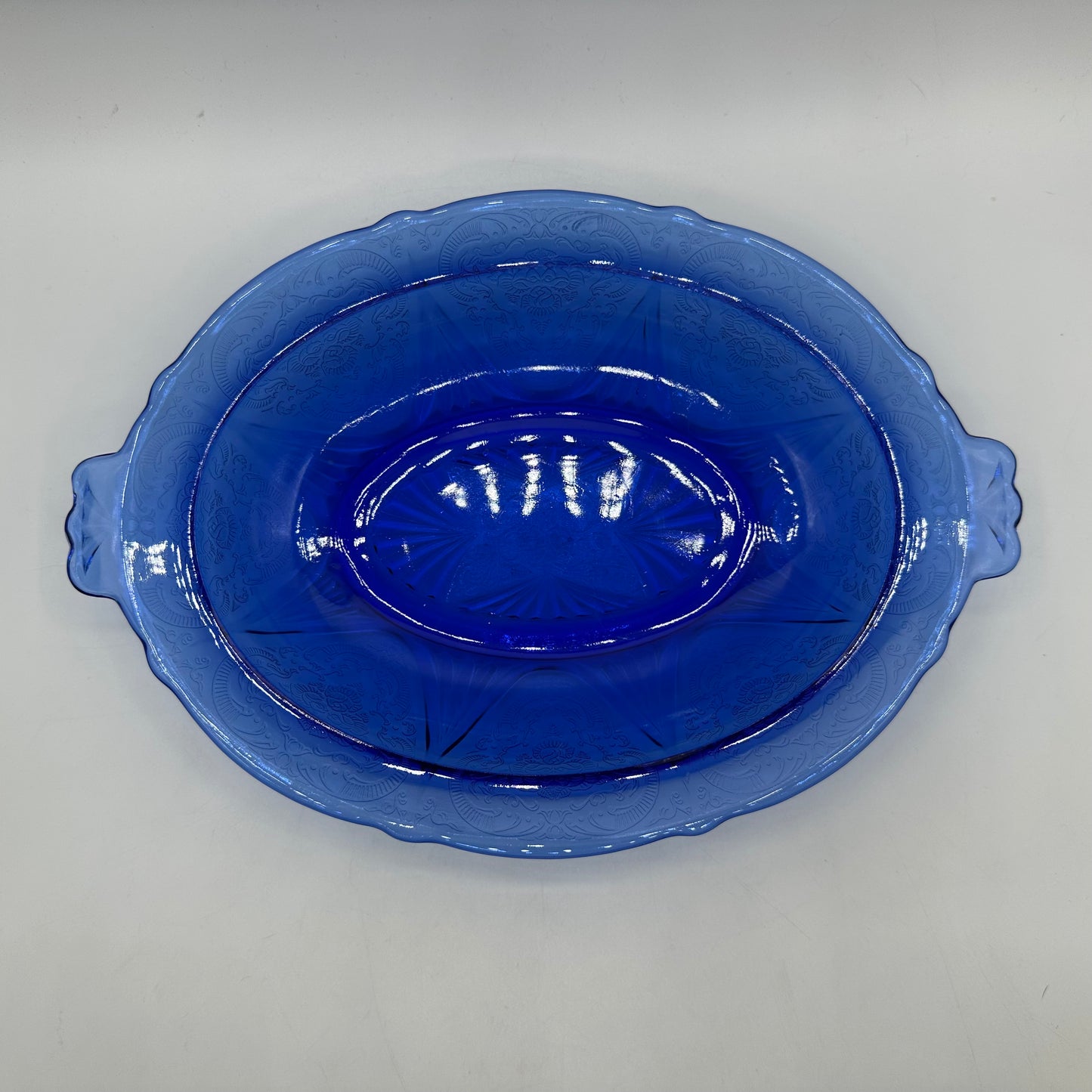 Hazel-Atlas Royal Lace 11" Oval Vegetable Bowl, Cobalt Blue