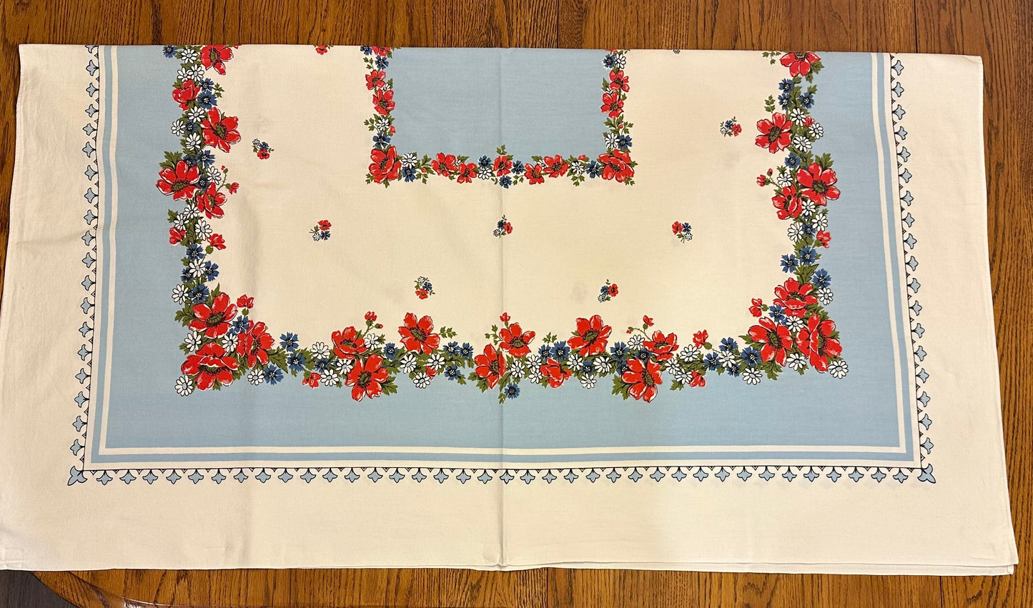 Floral Tablecloth, Red Flowers with Blue Border, 50 X 47