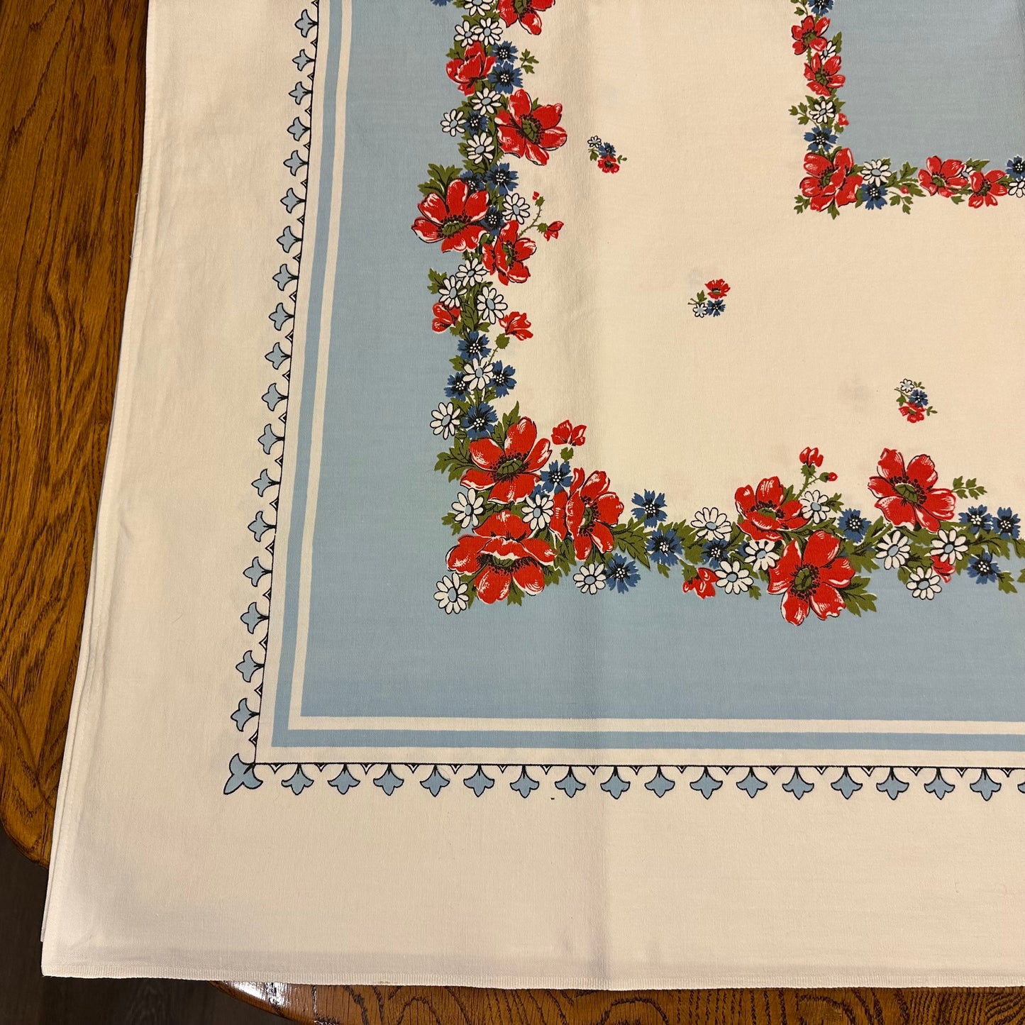Floral Tablecloth, Red Flowers with Blue Border, 50 X 47
