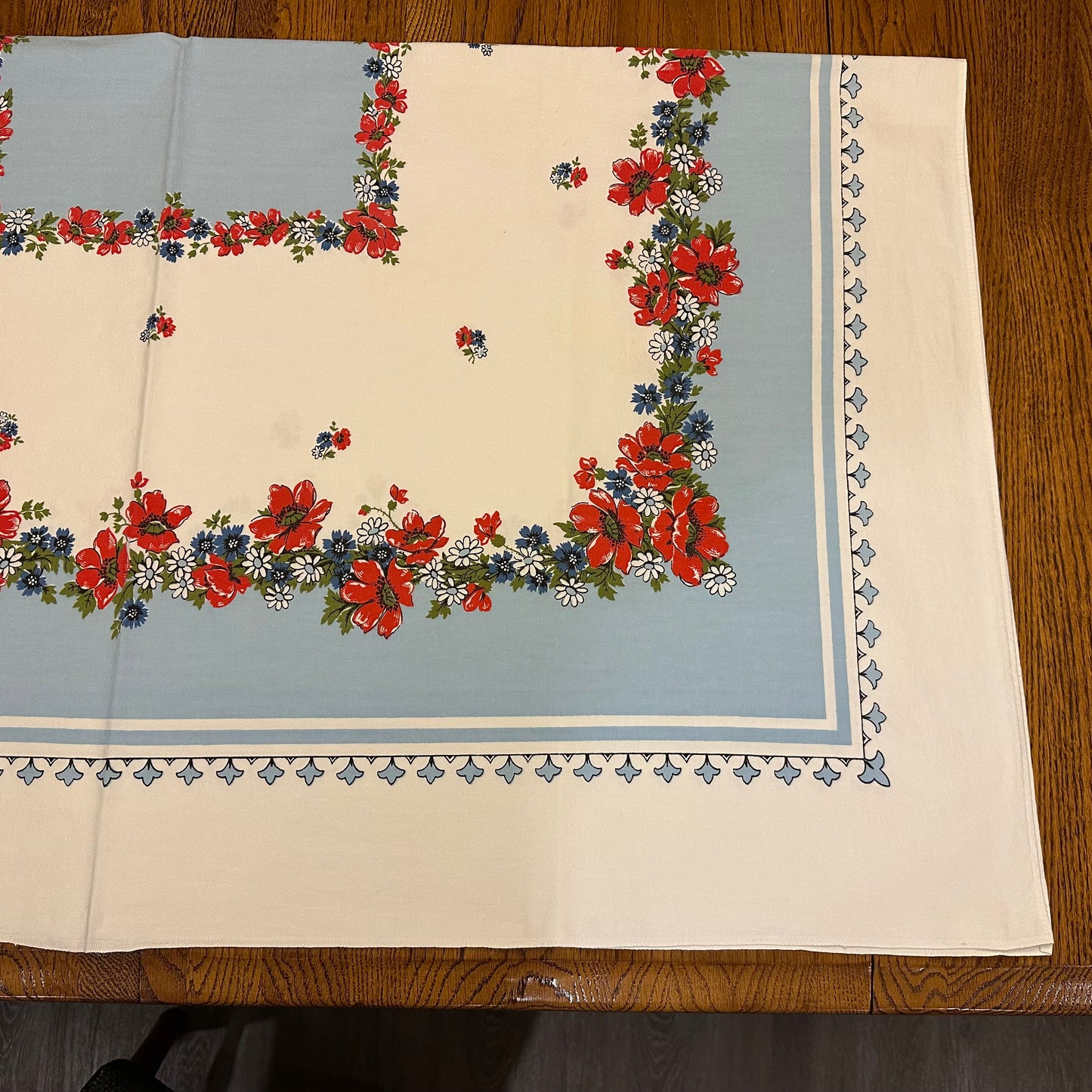 Floral Tablecloth, Red Flowers with Blue Border, 50 X 47