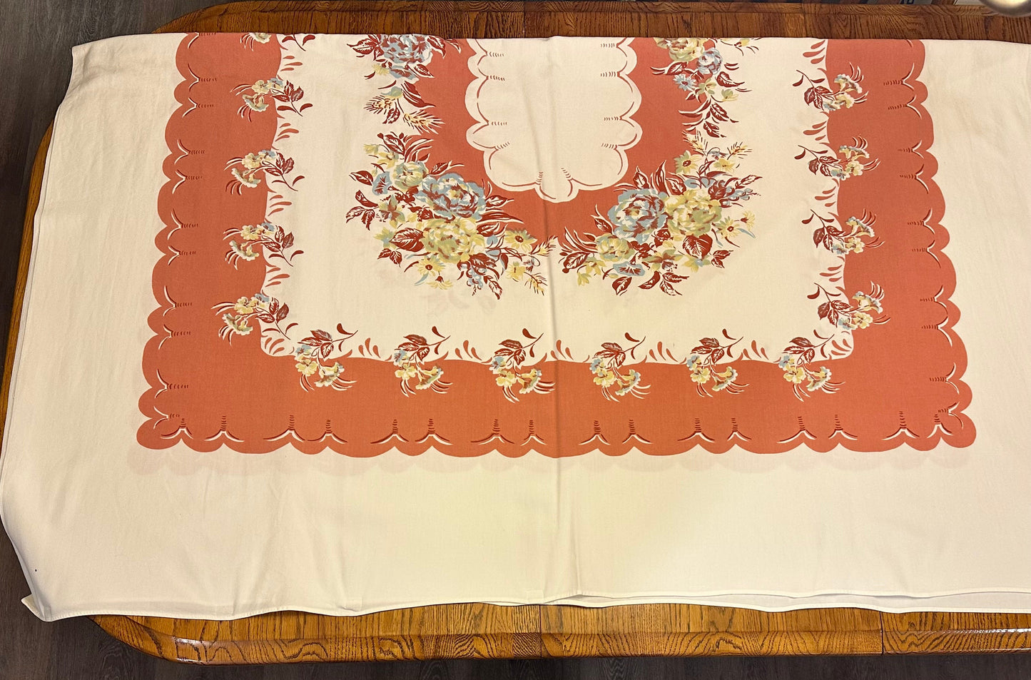 Peach Floral Tablecloth, Scalloped Border Edges, 60 X 72