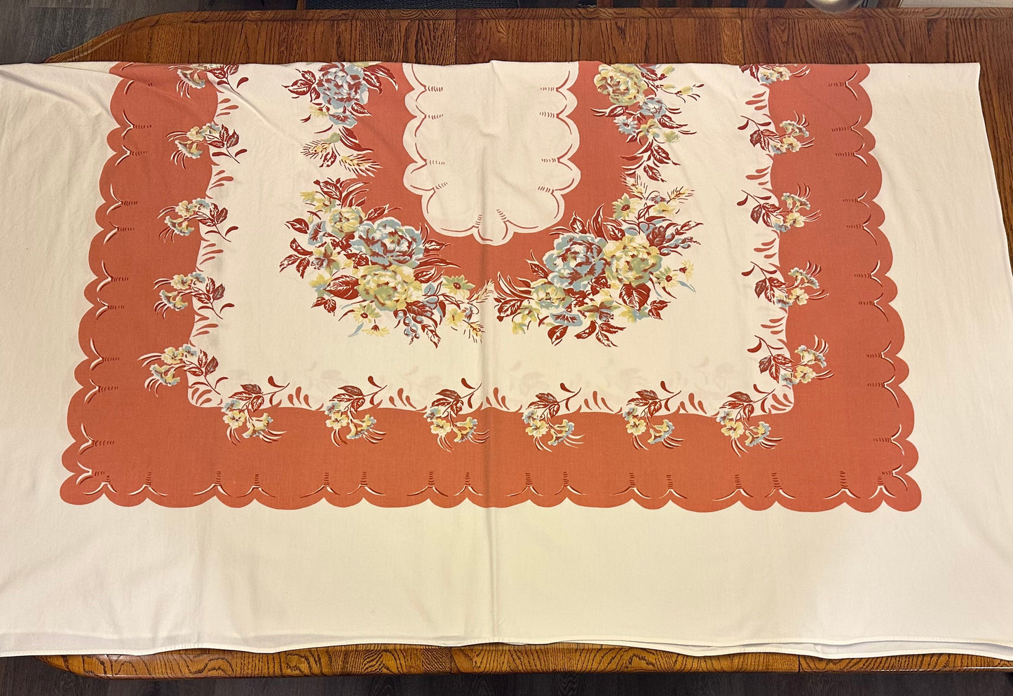 Peach Floral Tablecloth, Scalloped Border Edges, 60 X 72