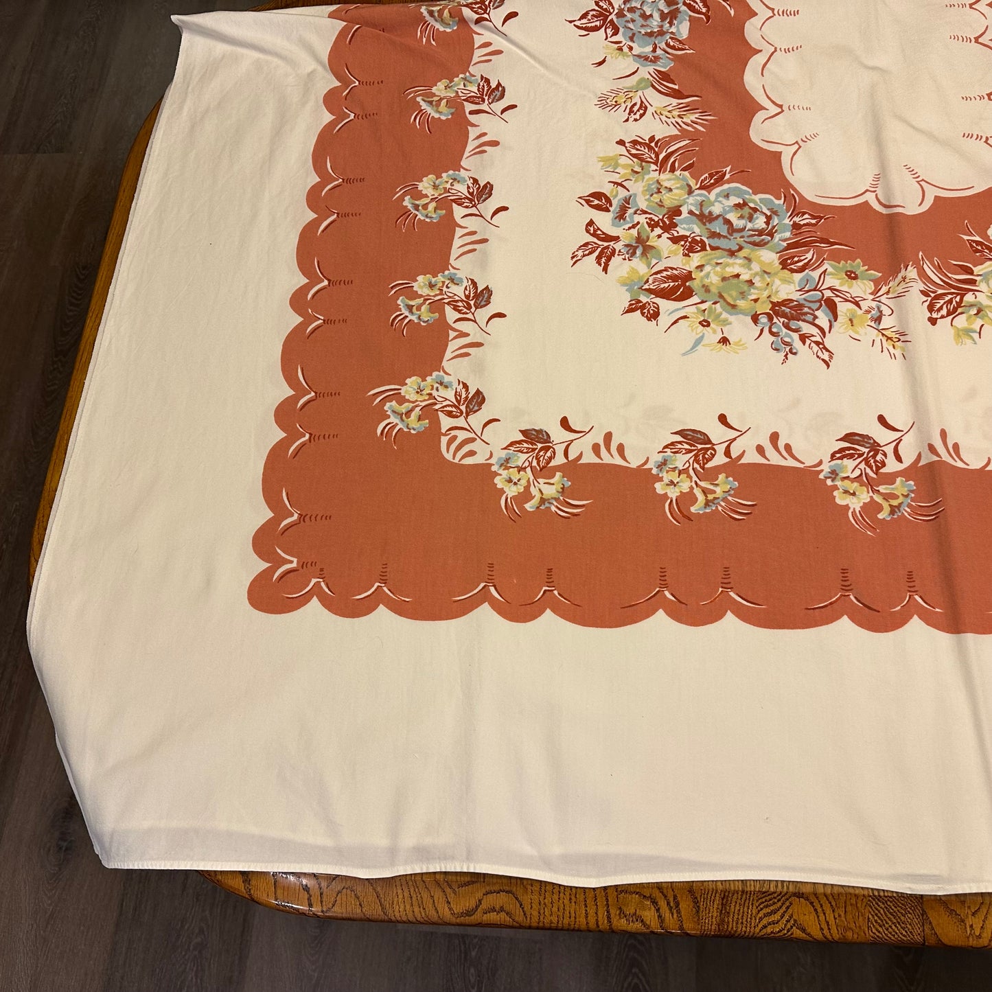 Peach Floral Tablecloth, Scalloped Border Edges, 60 X 72