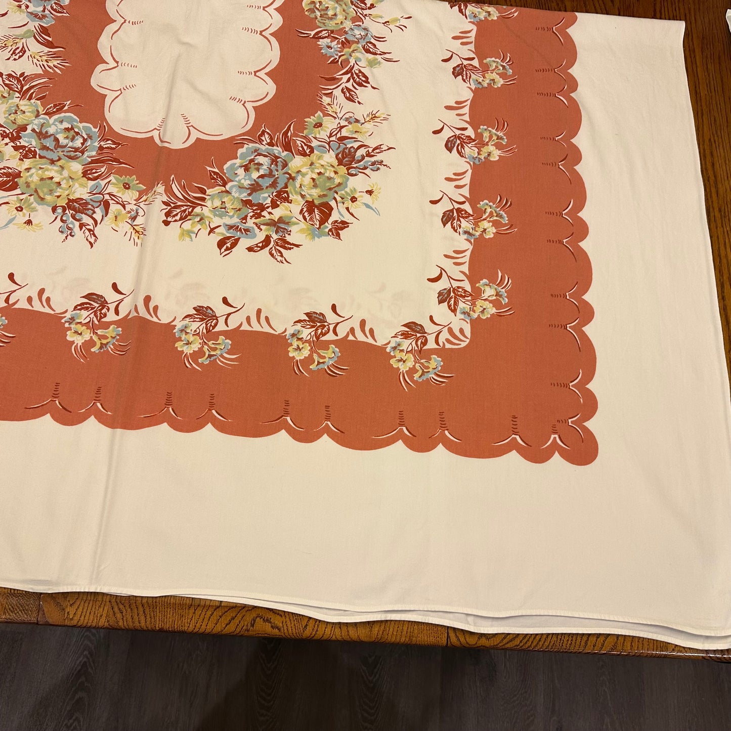 Peach Floral Tablecloth, Scalloped Border Edges, 60 X 72