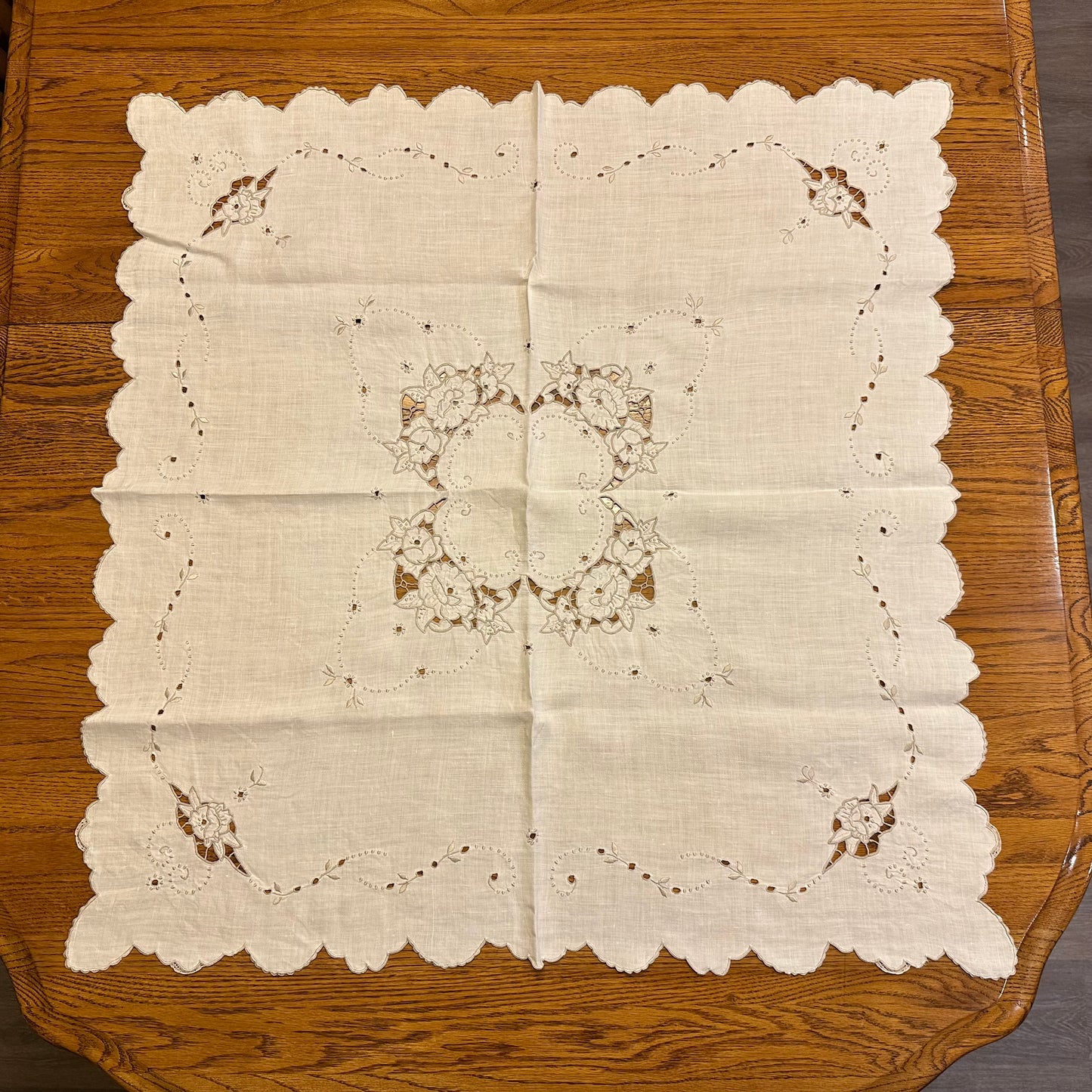 Off White with Beige Stitching and Cutouts Tablecloths, 33" Square