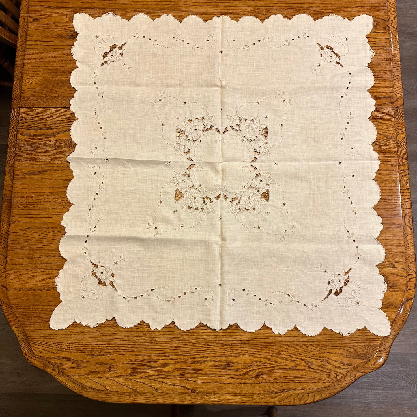 Off White with Beige Stitching and Cutouts Tablecloths, 33" Square