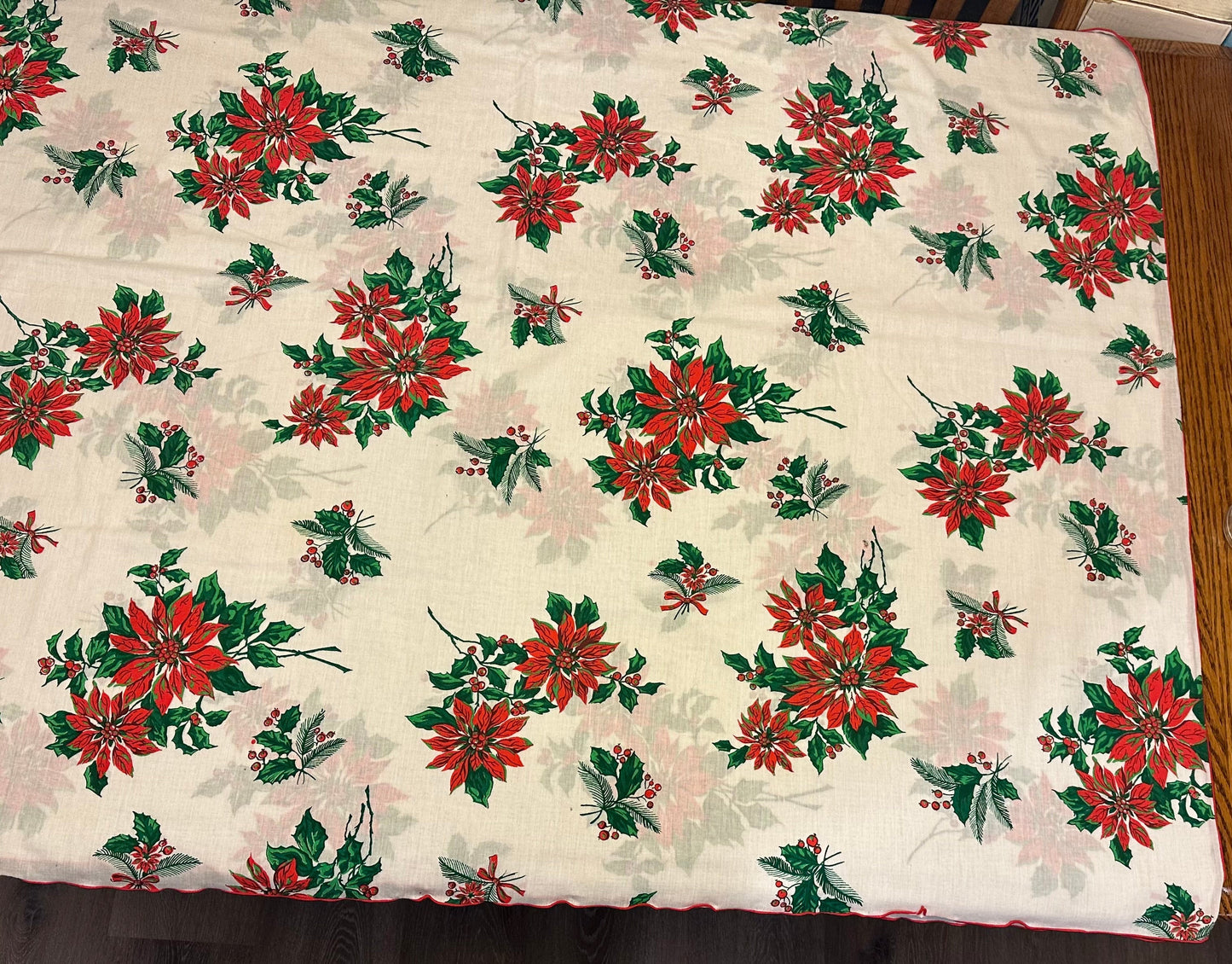 Poinsettias and Holly Christmas Tablecloth, 58 X 97