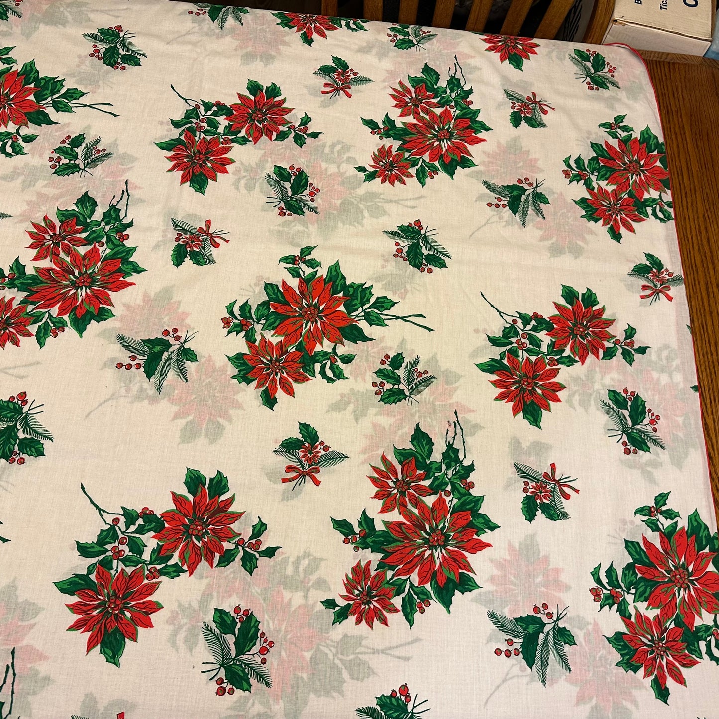 Poinsettias and Holly Christmas Tablecloth, 58 X 97