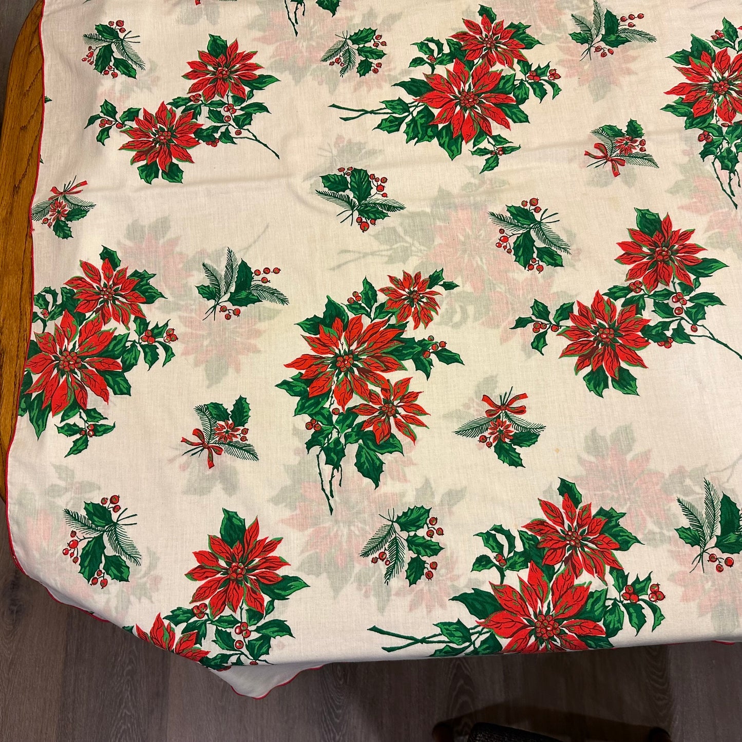 Poinsettias and Holly Christmas Tablecloth, 58 X 97