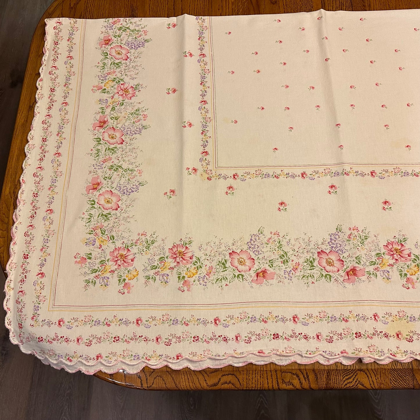 Pink Floral Tablecloth, Scalloped Edges, 51 X 60