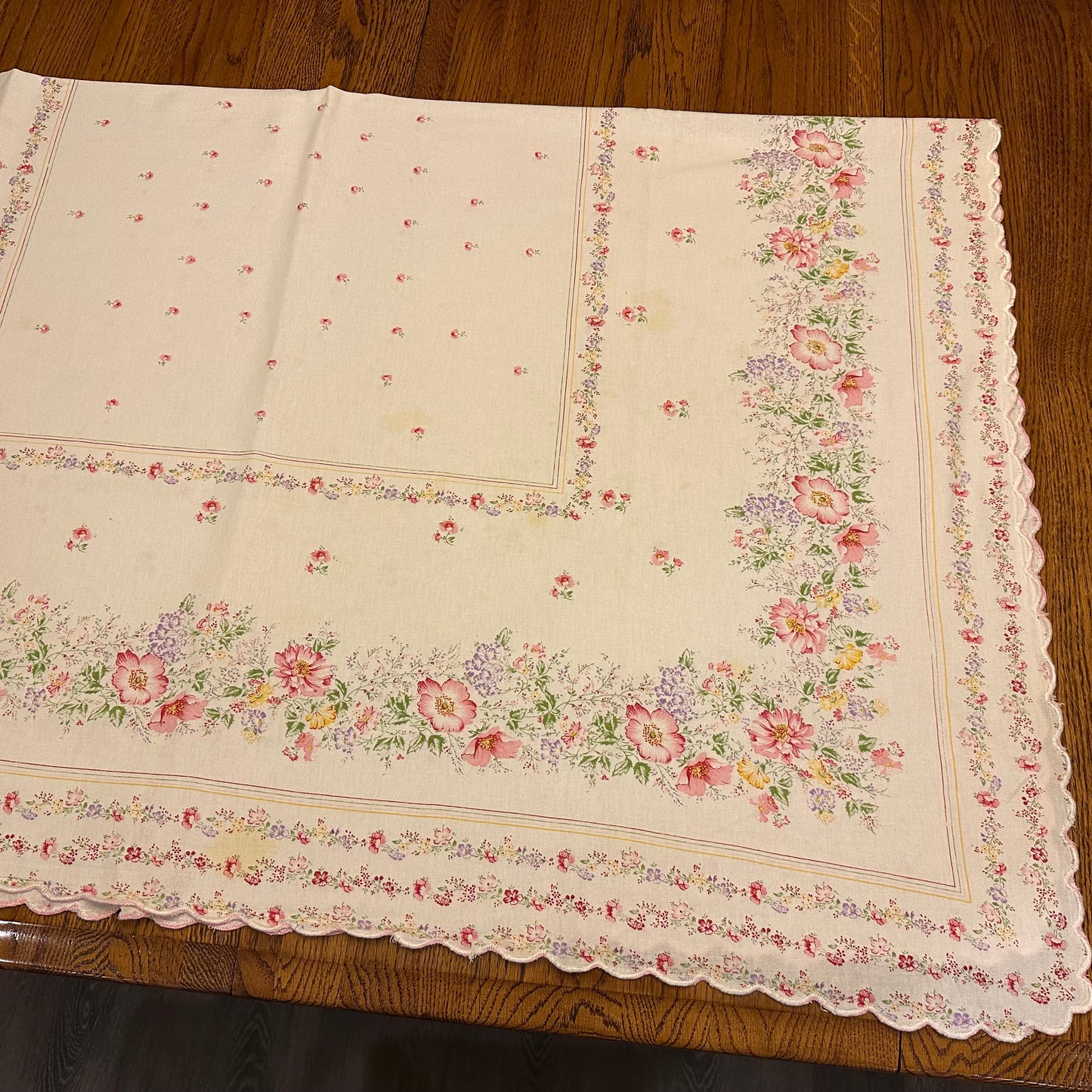 Pink Floral Tablecloth, Scalloped Edges, 51 X 60