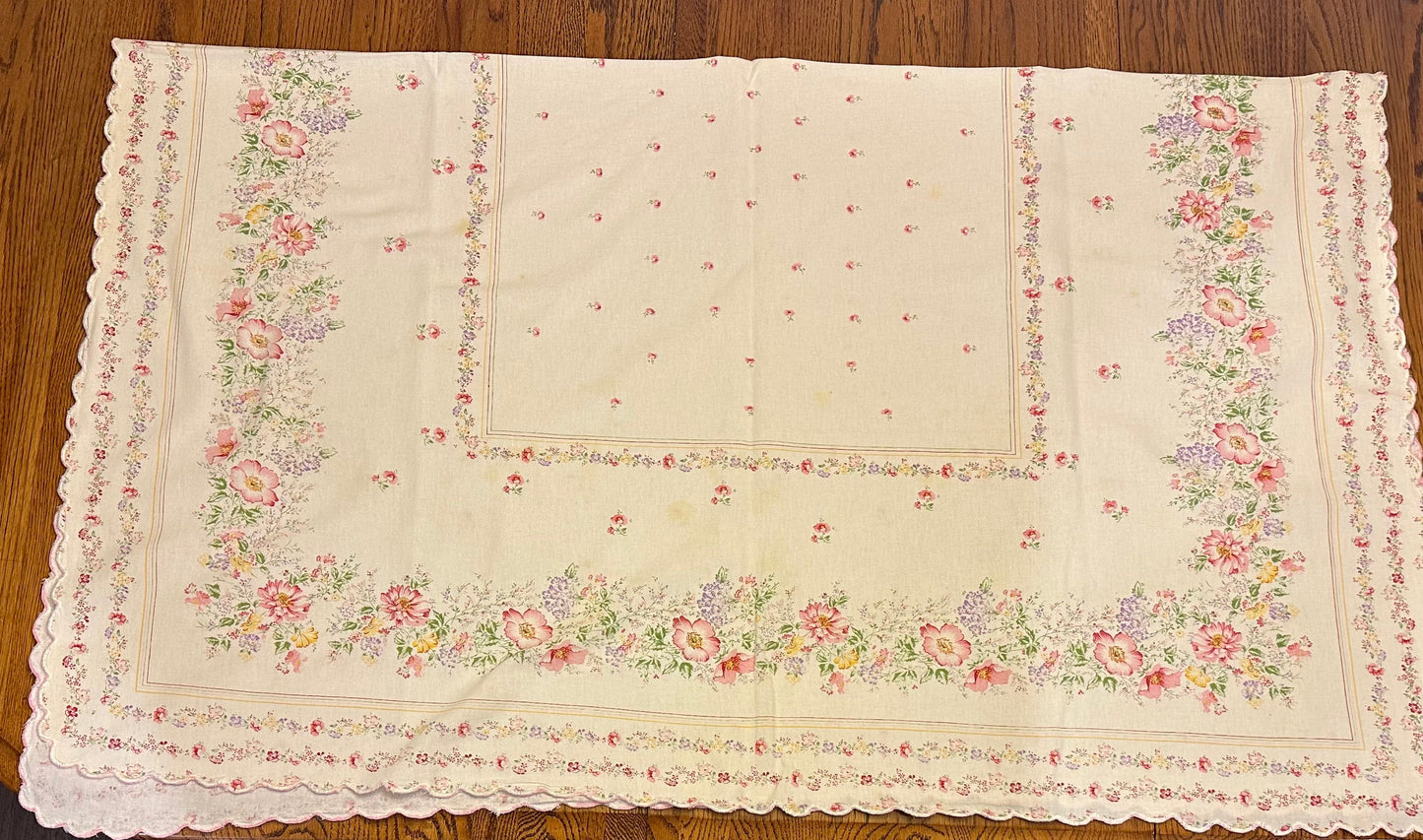 Pink Floral Tablecloth, Scalloped Edges, 51 X 60