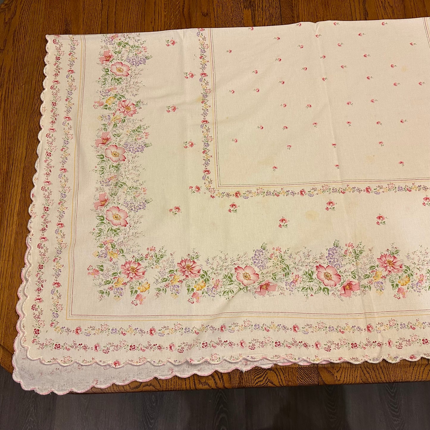 Pink Floral Tablecloth, Scalloped Edges, 51 X 60