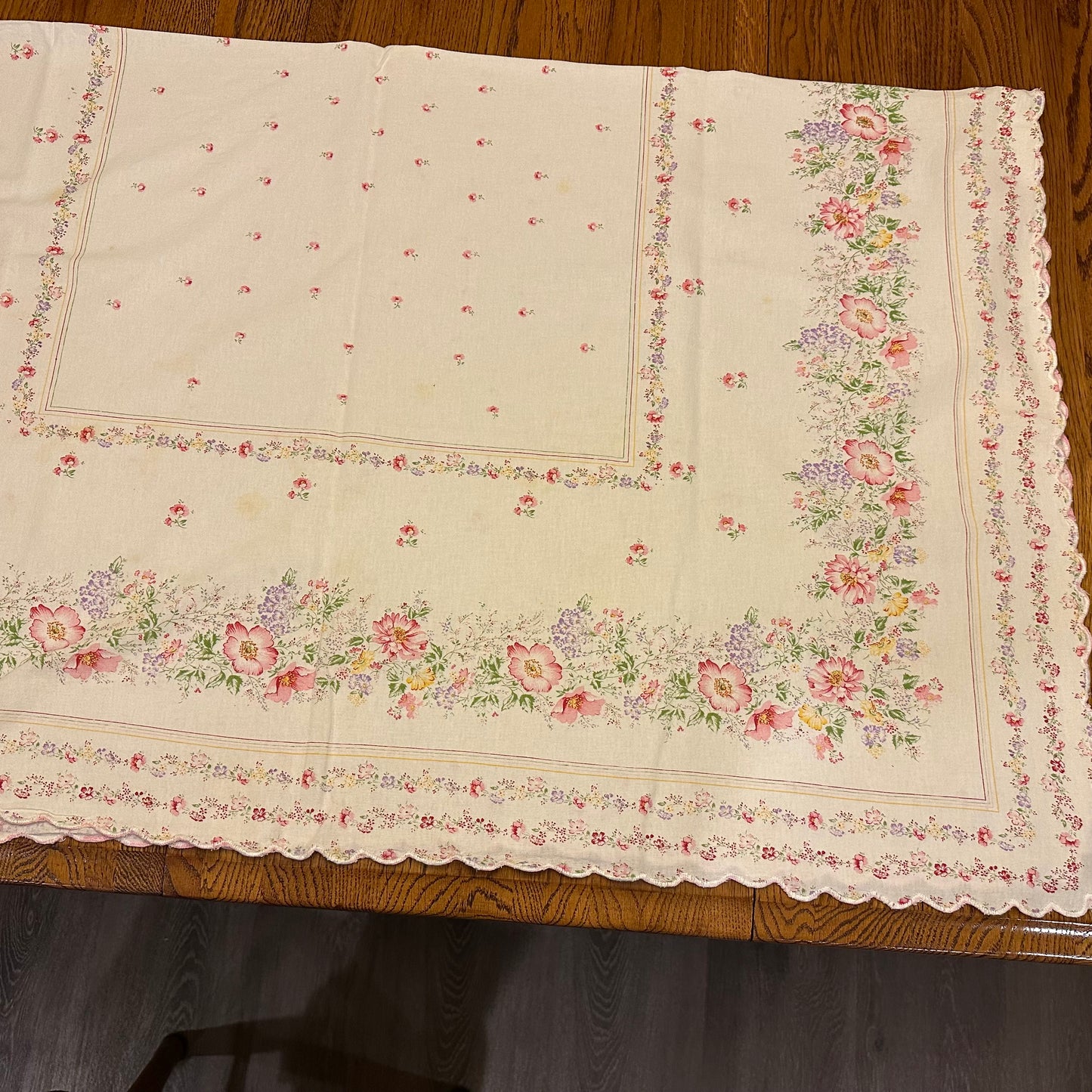 Pink Floral Tablecloth, Scalloped Edges, 51 X 60