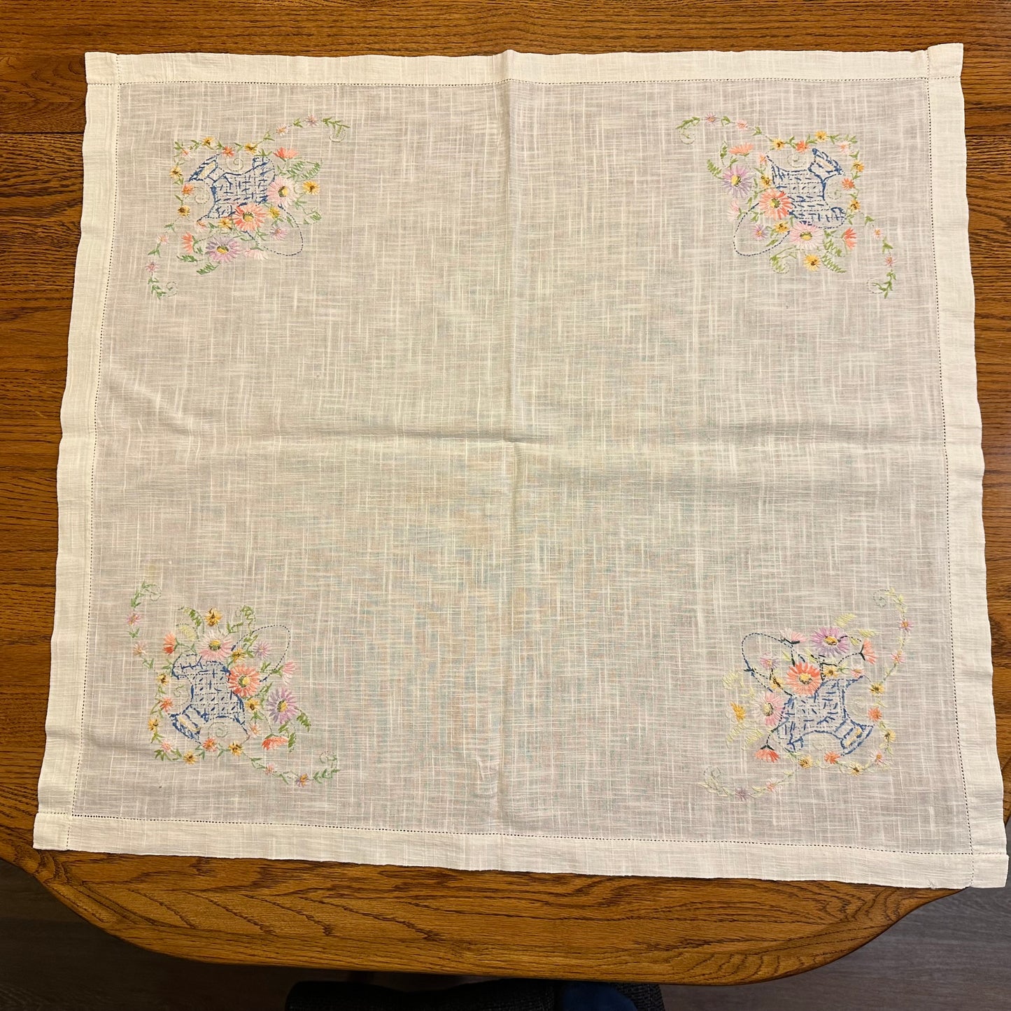 Floral Basket Tablecloth, Embroidered 29 X 32