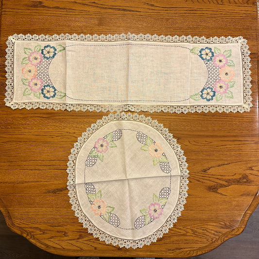 Floral Embroidered Runner and Large Doily Set 37 x 12, d 18"