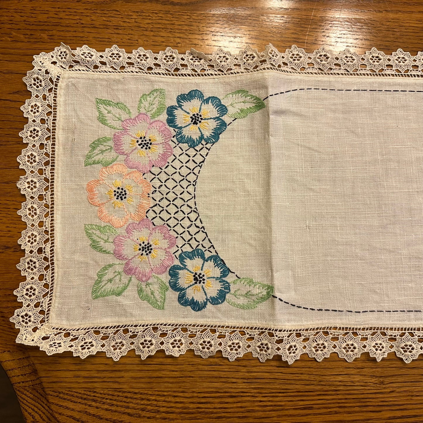Floral Embroidered Runner and Large Doily Set 37 x 12, d 18"