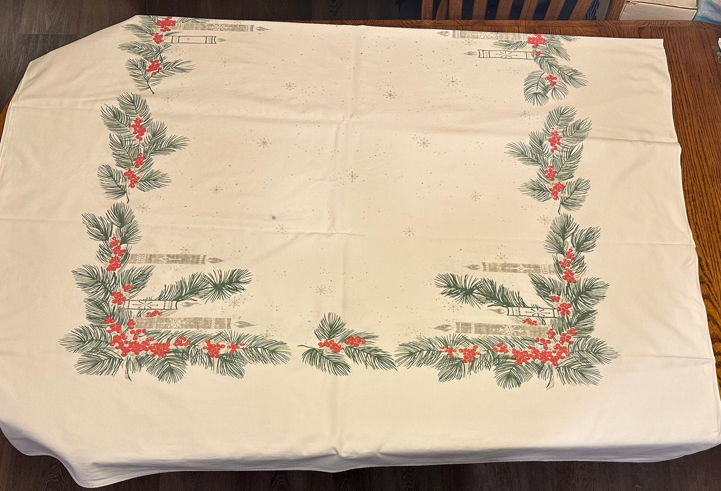 Greenery and Candle Tablecloth, 59 X 88 1 blue stain dime size