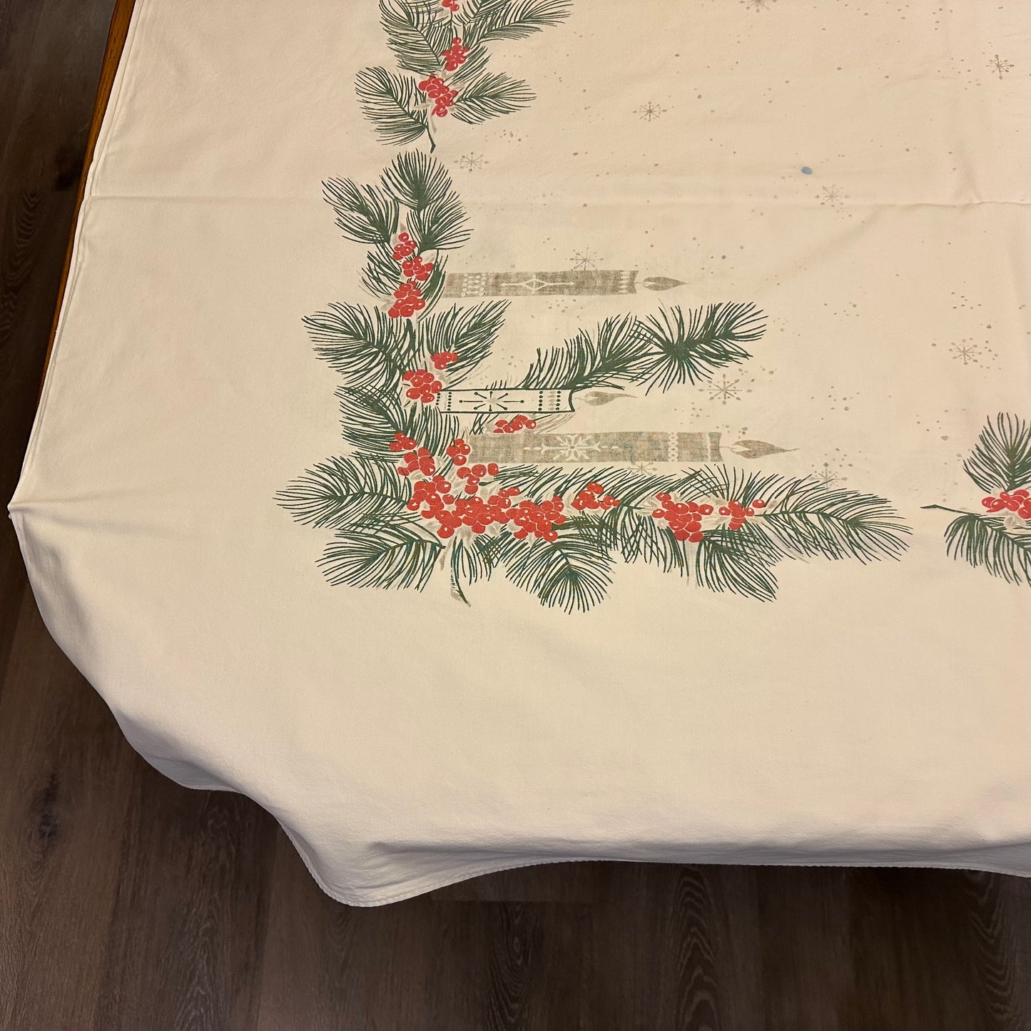 Greenery and Candle Tablecloth, 59 X 88 1 blue stain dime size