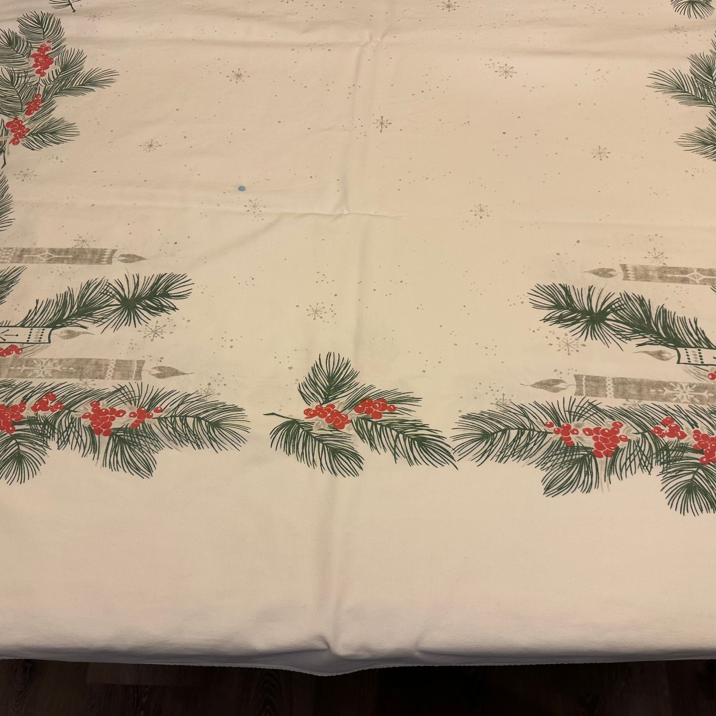 Greenery and Candle Tablecloth, 59 X 88 1 blue stain dime size