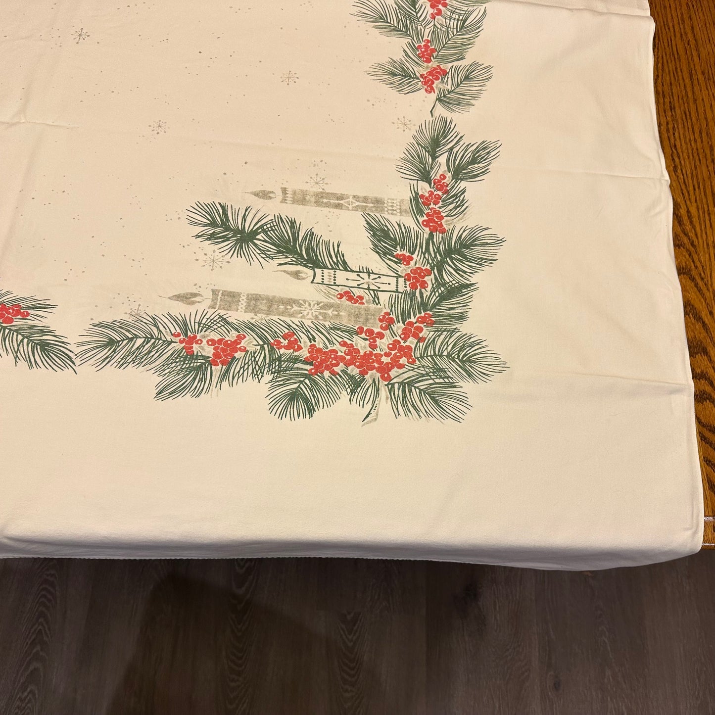 Greenery and Candle Tablecloth, 59 X 88 1 blue stain dime size