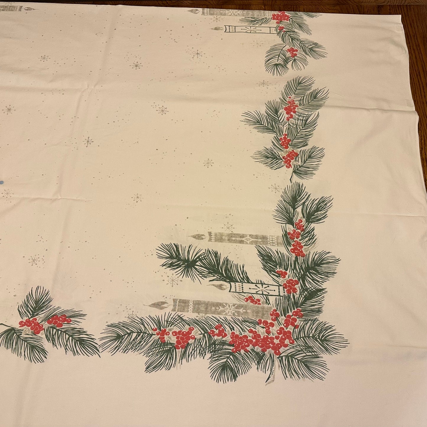 Greenery and Candle Tablecloth, 59 X 88 1 blue stain dime size