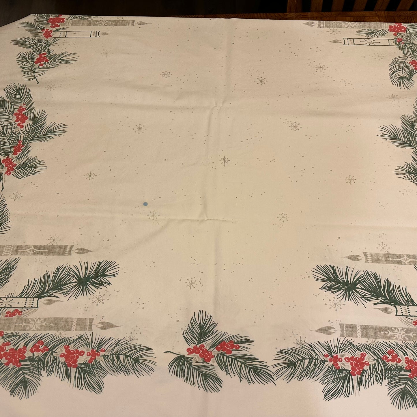 Greenery and Candle Tablecloth, 59 X 88 1 blue stain dime size