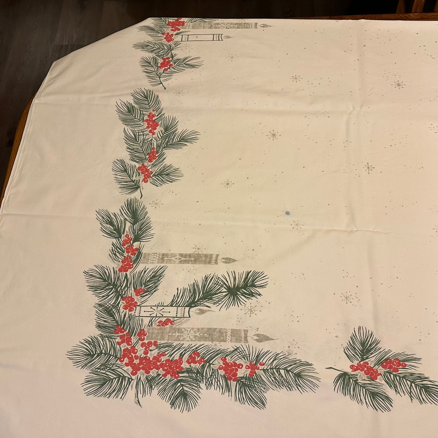 Greenery and Candle Tablecloth, 59 X 88 1 blue stain dime size