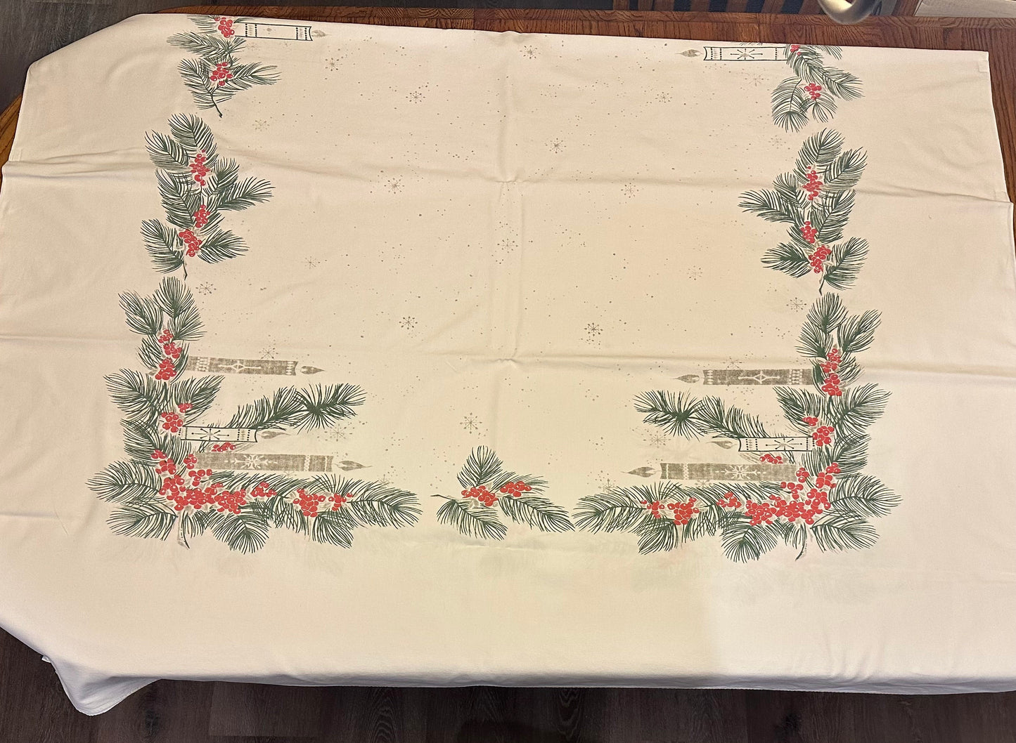 Greenery and Candle Tablecloth, 59 X 88 1 blue stain dime size