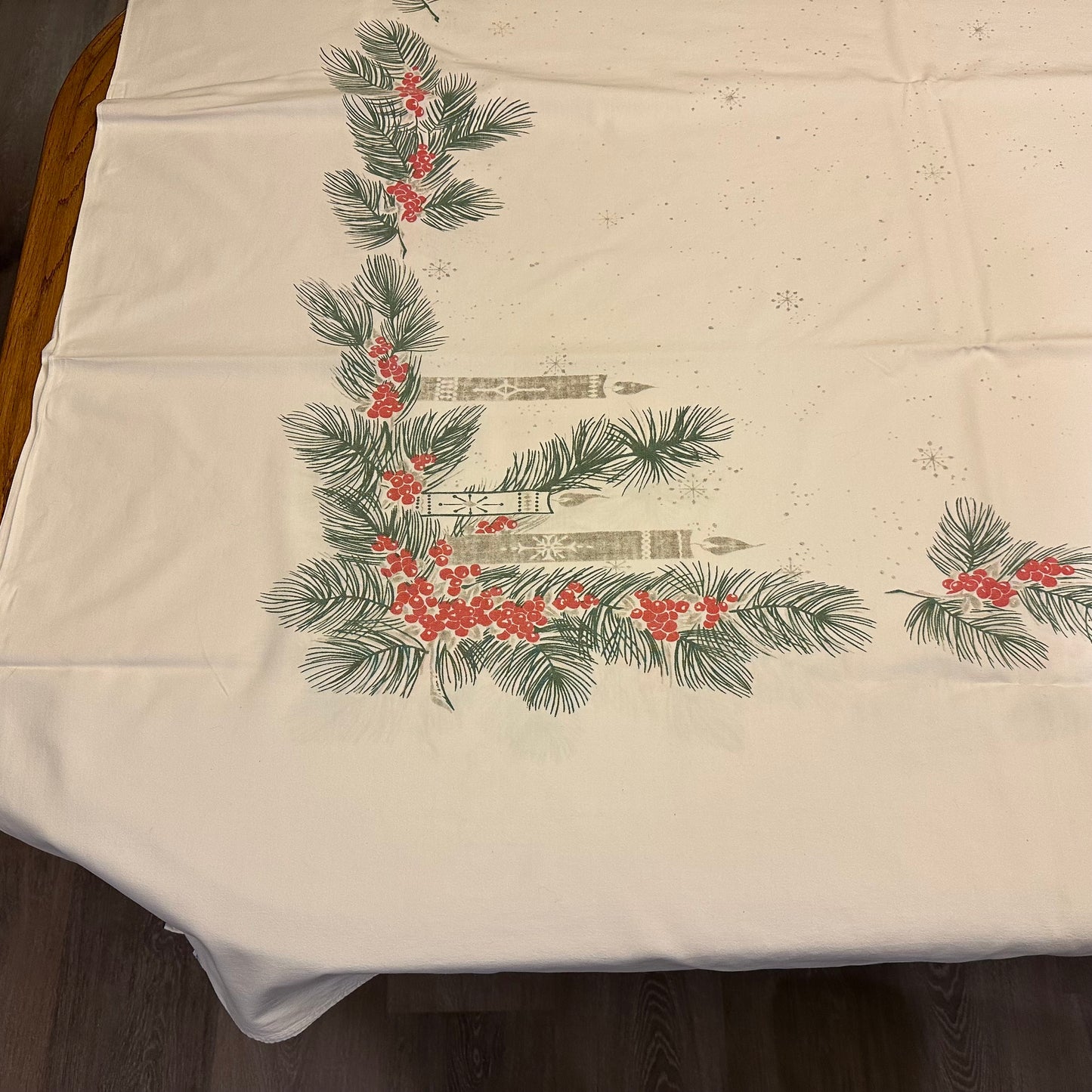 Greenery and Candle Tablecloth, 59 X 88 1 blue stain dime size