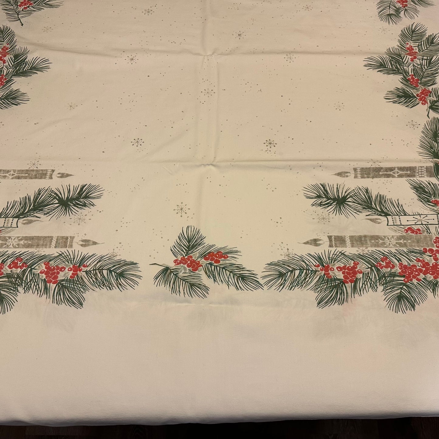 Greenery and Candle Tablecloth, 59 X 88 1 blue stain dime size
