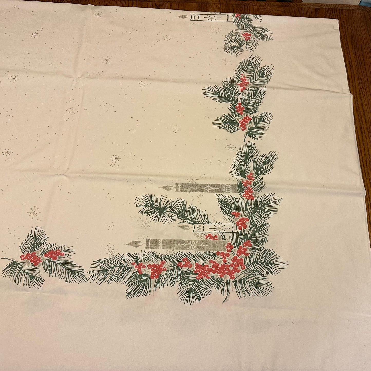 Greenery and Candle Tablecloth, 59 X 88 1 blue stain dime size