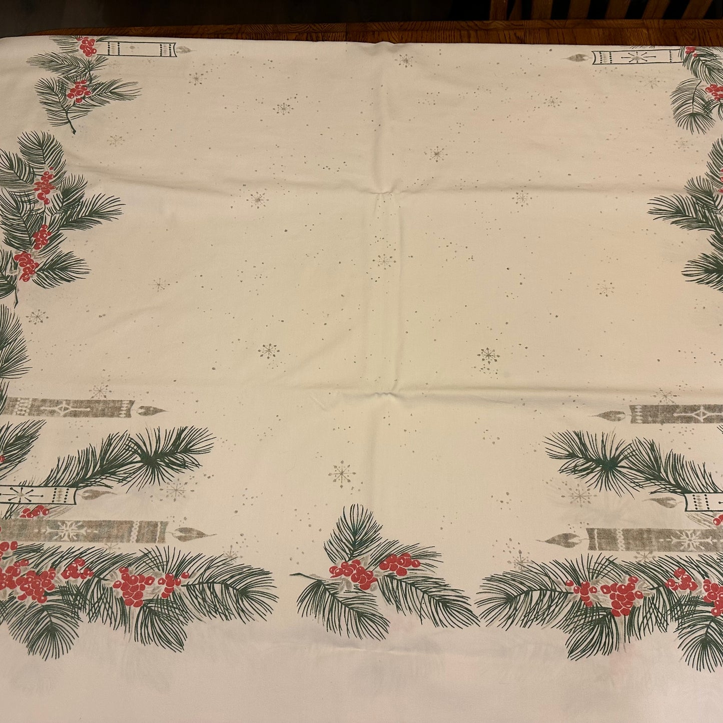 Greenery and Candle Tablecloth, 59 X 88 1 blue stain dime size