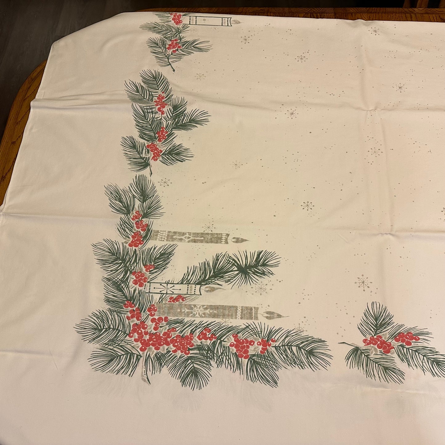 Greenery and Candle Tablecloth, 59 X 88 1 blue stain dime size