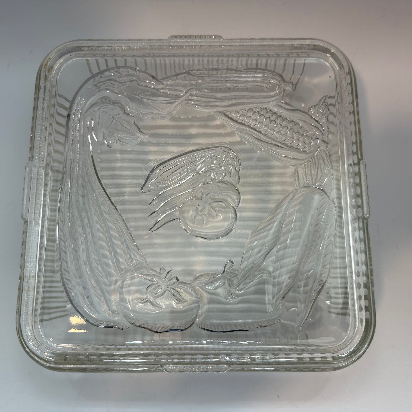 Federal Glass Ribbed Vegetable Harvest Refrigerator Dish 8 1/2"