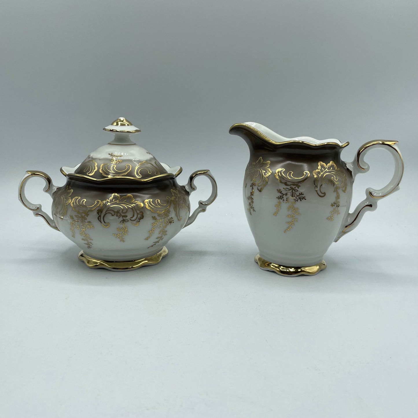 Eberthal Bavaria Sugar Bowl & Creamer, Brown with Gold Accents