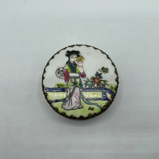 Geisha Silver Plated Pill Box, Hand Painted With Mirror
